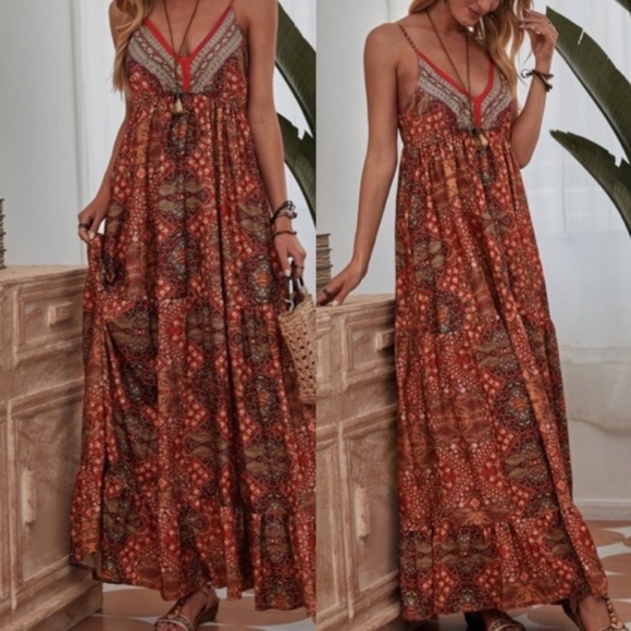 BellanBlue Dresses & Skirts - Bohemian Gypsy Red Ruffle Cami Maxi Dress Floral